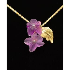 Christian Dior Vintage Frosted Flower Necklace Pendant Gold Purple Signed Bin1